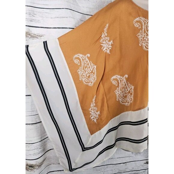 Anthropologie Floreat Sunglow Poncho Top M Embroidered Mustard Viscose Tassels - Picture 4 of 8